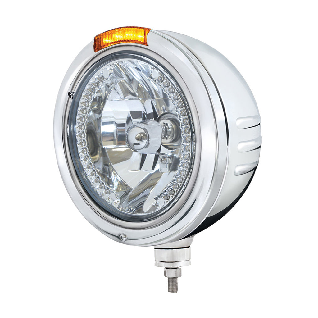 Stainless Steel Bullet Embossed Stripe Headlight H4 With White LED & Dual Mode LED Signal (Amber or Clear Lens)
