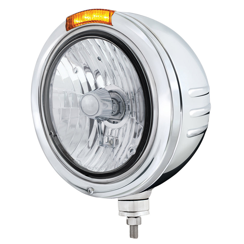 Stainless Steel Bullet Embossed Stripe Headlight Crystal H4 & Dual Mode LED Signal (Amber or Clear Lens)