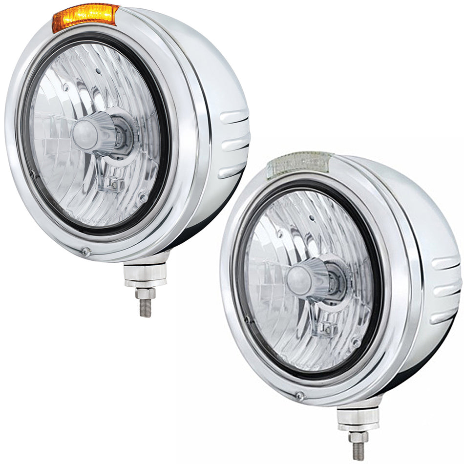 Stainless Steel Bullet Embossed Stripe Headlight Crystal H4 & Dual Mode LED Signal (Amber or Clear Lens)