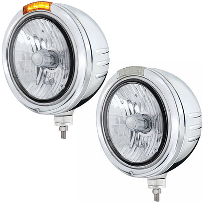 Stainless Steel Bullet Embossed Stripe Headlight Crystal H4 & Dual Mode LED Signal (Amber or Clear Lens)