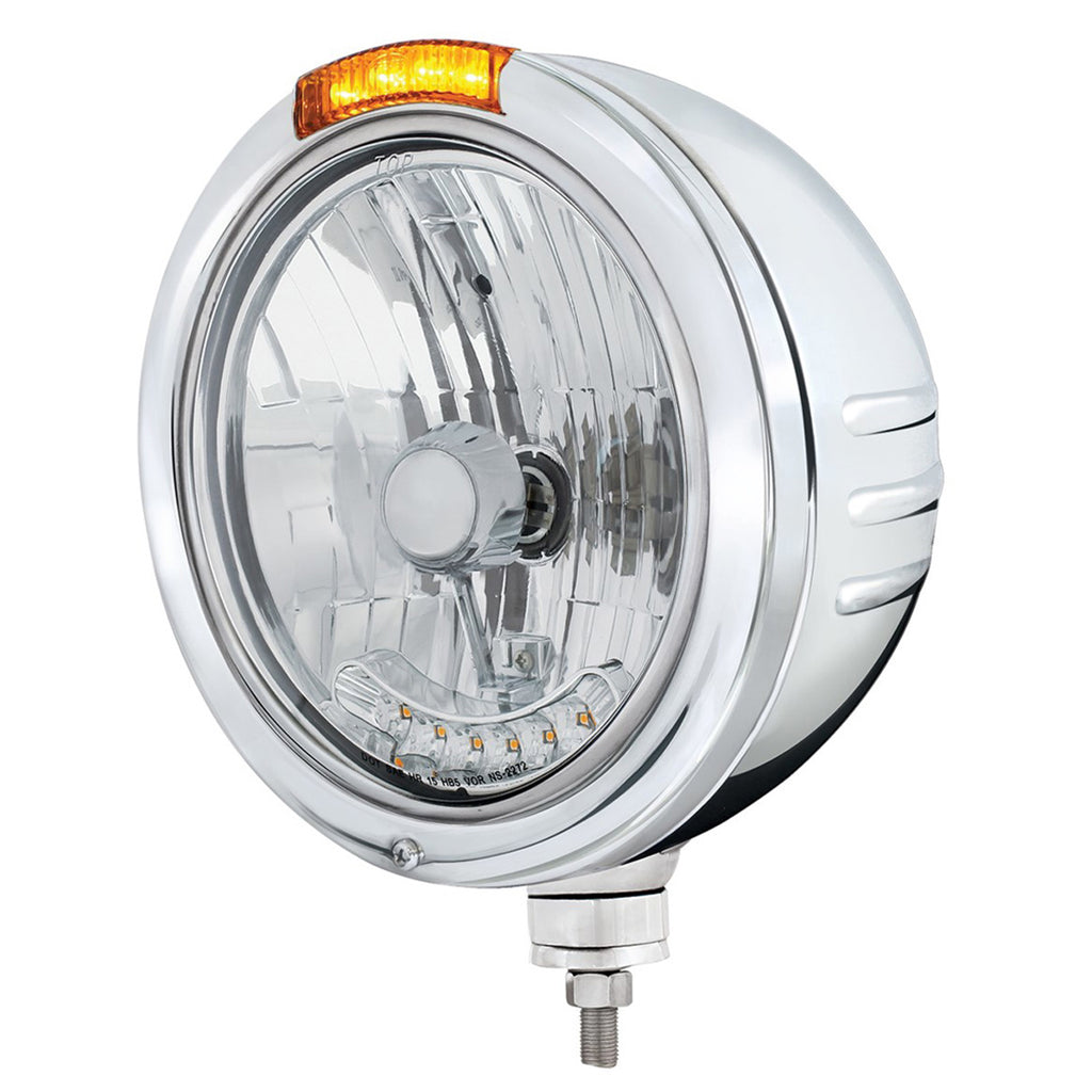 Stainless Steel Bullet Embossed Stripe Headlight H4 With 6 Amber LEDs & Dual Mode LED Signal (Amber or Clear Lens)