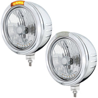 Stainless Steel Bullet Embossed Stripe Headlight H4 With 6 Amber LEDs & Dual Mode LED Signal (Amber or Clear Lens)