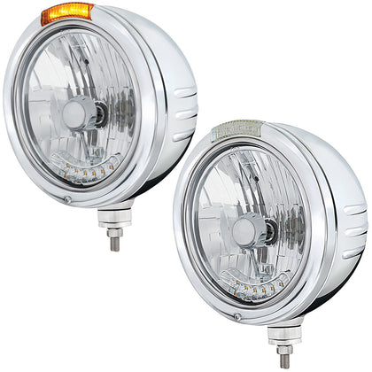 Stainless Steel Bullet Embossed Stripe Headlight H4 With 6 Amber LEDs & Dual Mode LED Signal (Amber or Clear Lens)