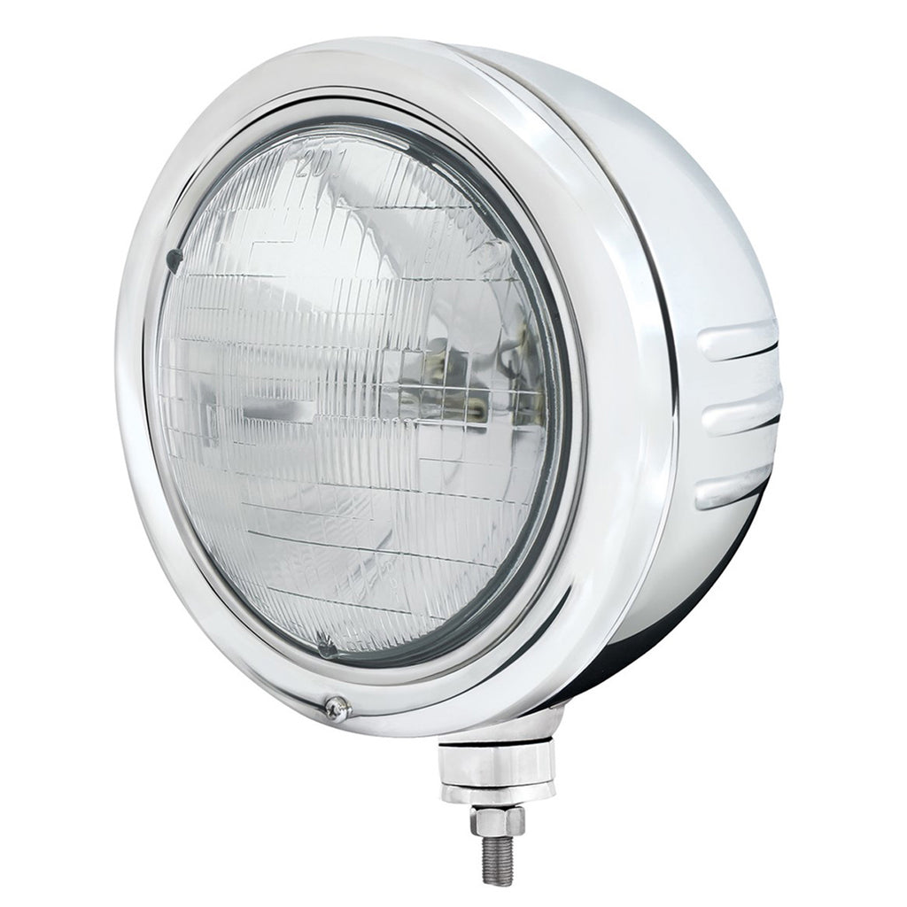 United Pacific - Stainless Steel Classic Embossed Stripe Headlight Housing With H6024 Halogen Headlight