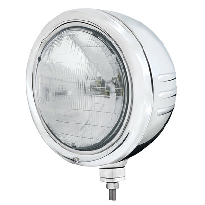 United Pacific - Stainless Steel Classic Embossed Stripe Headlight Housing With H6024 Halogen Headlight