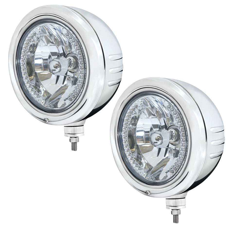 Stainless Steel Classic Embossed Stripe Headlight Housing With 34 Amber or White LED Crystal Halogen Headlight
