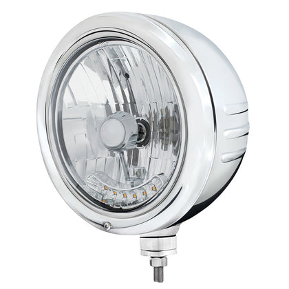 Stainless Steel Classic Embossed Stripe Headlight Housing With 6 Amber LED Crystal Halogen Headlight