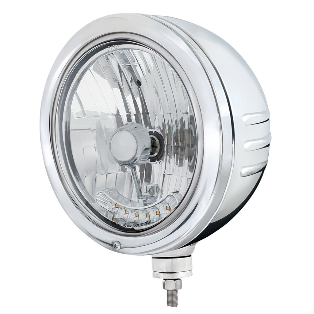 Stainless Bullet Embossed Stripe Headlight Housing With 6 Amber LED Crystal Halo