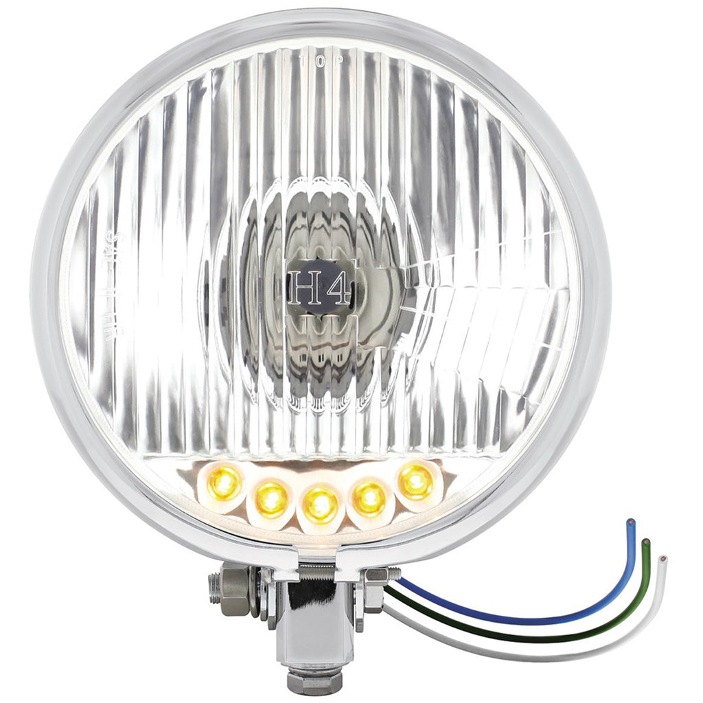 Chrome 5-3/4" Motorcycle Headlight H4 Bulb With 5 Amber LED (Bottom Mount)