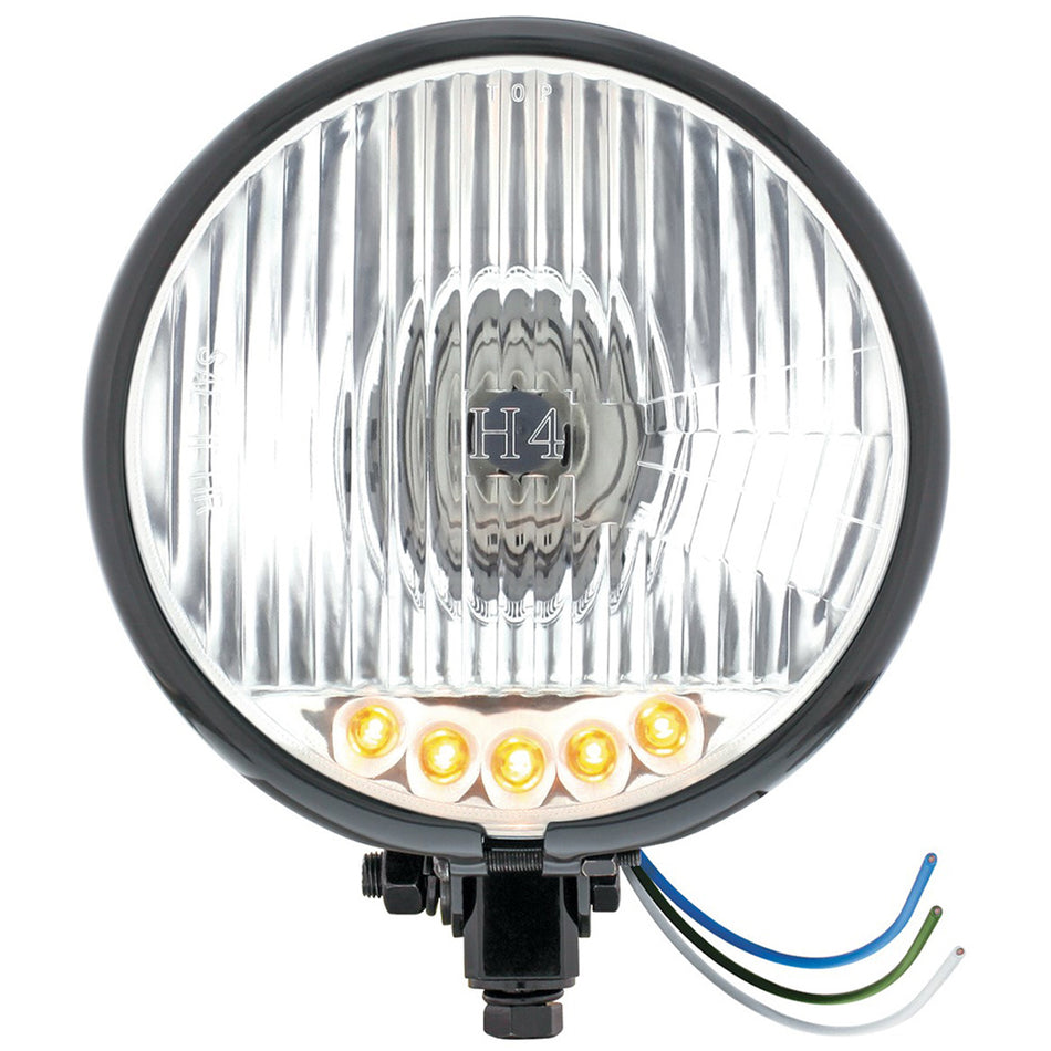 Black 5-3/4" Motorcycle Headlight H4 Bulb With 5 Amber LEDs (Bottom or Side Mount)