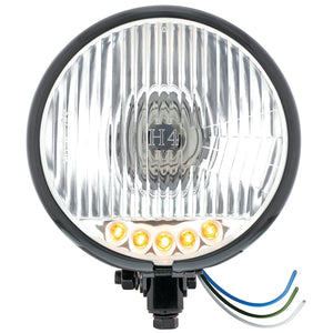 Black 5-3/4" Motorcycle Headlight H4 Bulb With 5 Amber LEDs (Bottom or Side Mount)