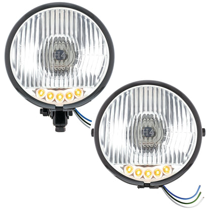 Black 5-3/4" Motorcycle Headlight H4 Bulb With 5 Amber LEDs (Bottom or Side Mount)