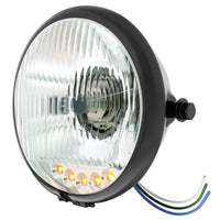 Black 5-3/4" Motorcycle Headlight H4 Bulb With 5 Amber LEDs (Bottom or Side Mount)