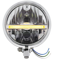 Chrome or Black 5-3/4" Motorcycle Headlight 9 LED Bulb w Amber or White Light Bar (Bottom or Side Mount)