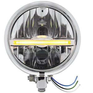 Chrome or Black 5-3/4" Motorcycle Headlight 9 LED Bulb w Amber or White Light Bar (Bottom or Side Mount)