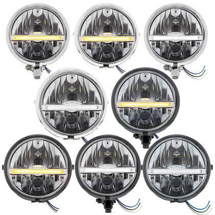 Chrome or Black 5-3/4" Motorcycle Headlight 9 LED Bulb w Amber or White Light Bar (Bottom or Side Mount)