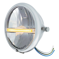 Chrome or Black 5-3/4" Motorcycle Headlight 9 LED Bulb w Amber or White Light Bar (Bottom or Side Mount)