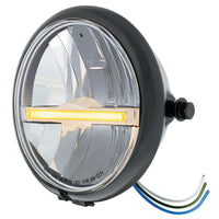 Chrome or Black 5-3/4" Motorcycle Headlight 9 LED Bulb w Amber or White Light Bar (Bottom or Side Mount)