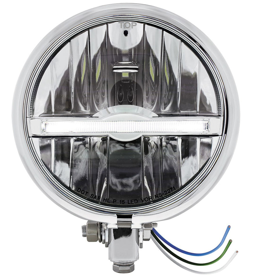 Chrome or Black 5-3/4" Motorcycle Headlight 9 LED Bulb w Amber or White Light Bar (Bottom or Side Mount)