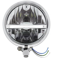 Chrome or Black 5-3/4" Motorcycle Headlight 9 LED Bulb w Amber or White Light Bar (Bottom or Side Mount)