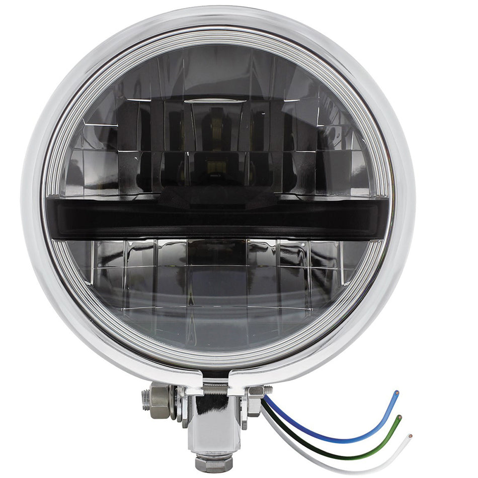 Chrome or Black 5-3/4" Motorcycle Headlight 8 LED Blackout Bulb With Black Bar (Bottom or Side Mount)