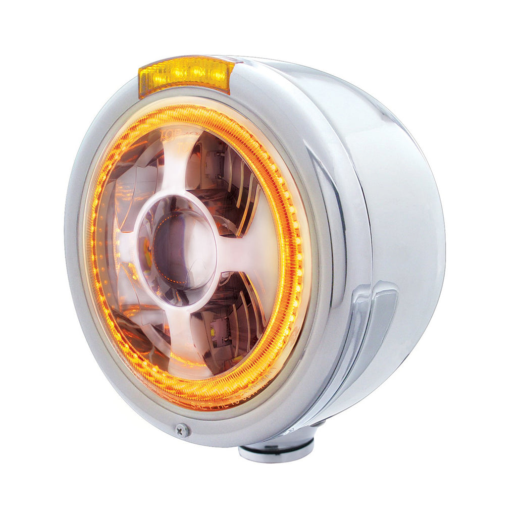 Stainless Steel Bullet Half Moon Headlight LED Projection Headlight & LED Turn Signal (Amber or Clear Lens)