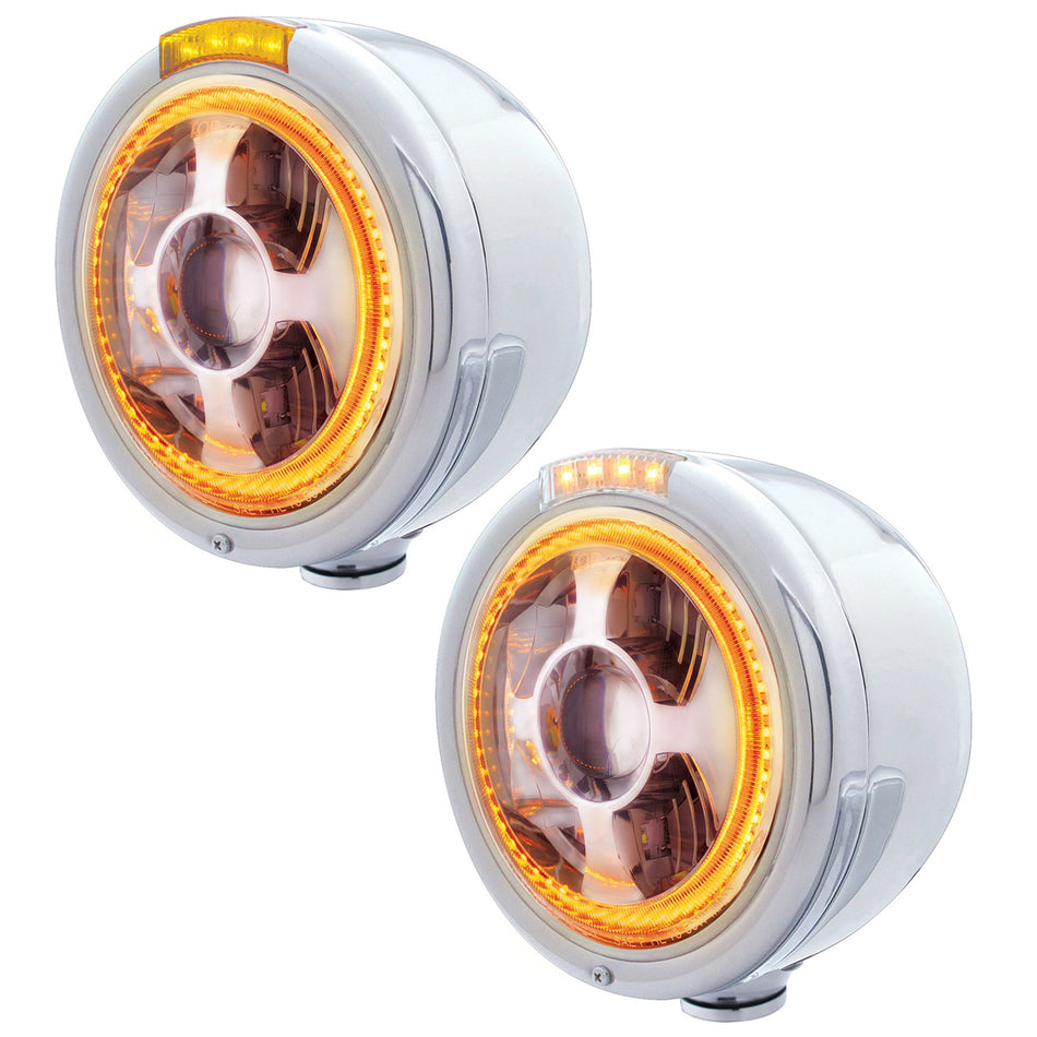 Stainless Steel Bullet Half Moon Headlight LED Projection Headlight & LED Turn Signal (Amber or Clear Lens)