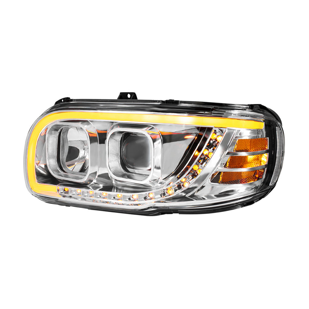 Chrome or Black Projection Headlight With LED Turn Signal & Light Bar For 2008-2024 Peterbilt 389 (Driver or Passenger Side)