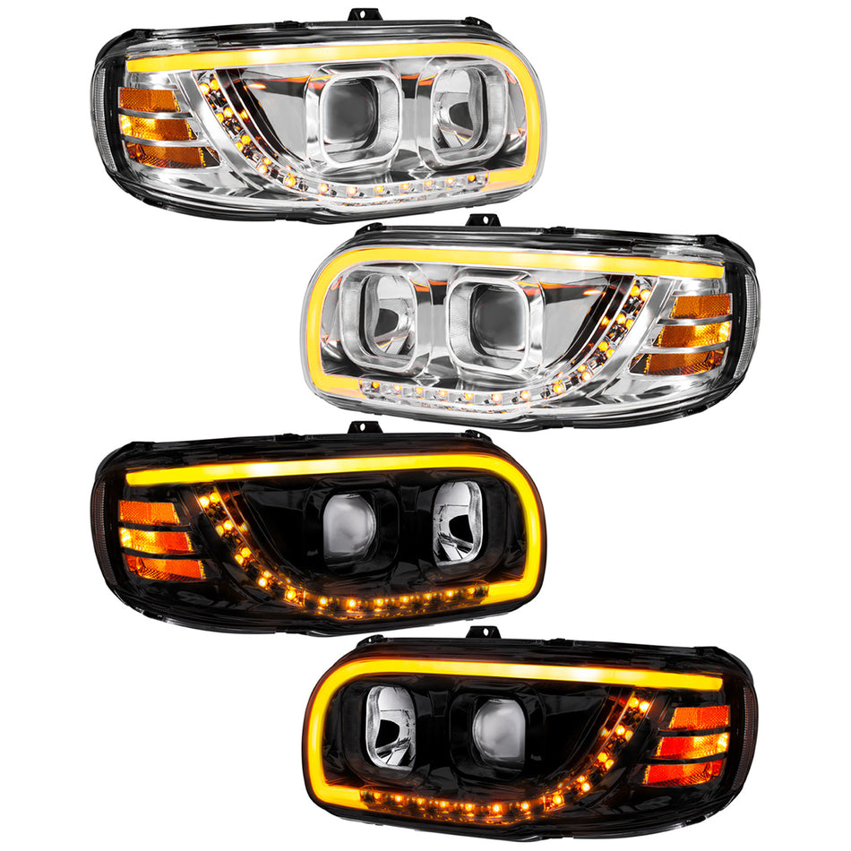Chrome or Black Projection Headlight With LED Turn Signal & Light Bar For 2008-2024 Peterbilt 389 (Driver or Passenger Side)