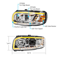 Chrome or Black Projection Headlight With LED Turn Signal & Light Bar For 2008-2024 Peterbilt 389 (Driver or Passenger Side)