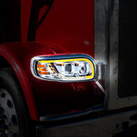 Chrome or Black Projection Headlight With LED Turn Signal & Light Bar For 2008-2024 Peterbilt 389 (Driver or Passenger Side)