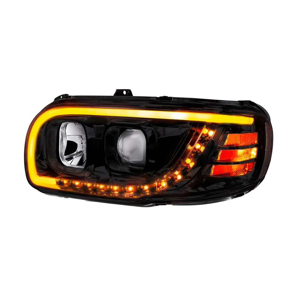 Chrome or Black Projection Headlight With LED Turn Signal & Light Bar For 2008-2024 Peterbilt 389 (Driver or Passenger Side)