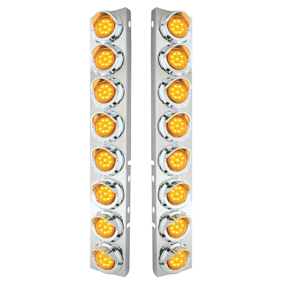 Stainless Steel Front Air Cleaner Bracket With 16 X 9 LED 2" Lights & Visors For Peterbilt (Amber or Clear Lens)