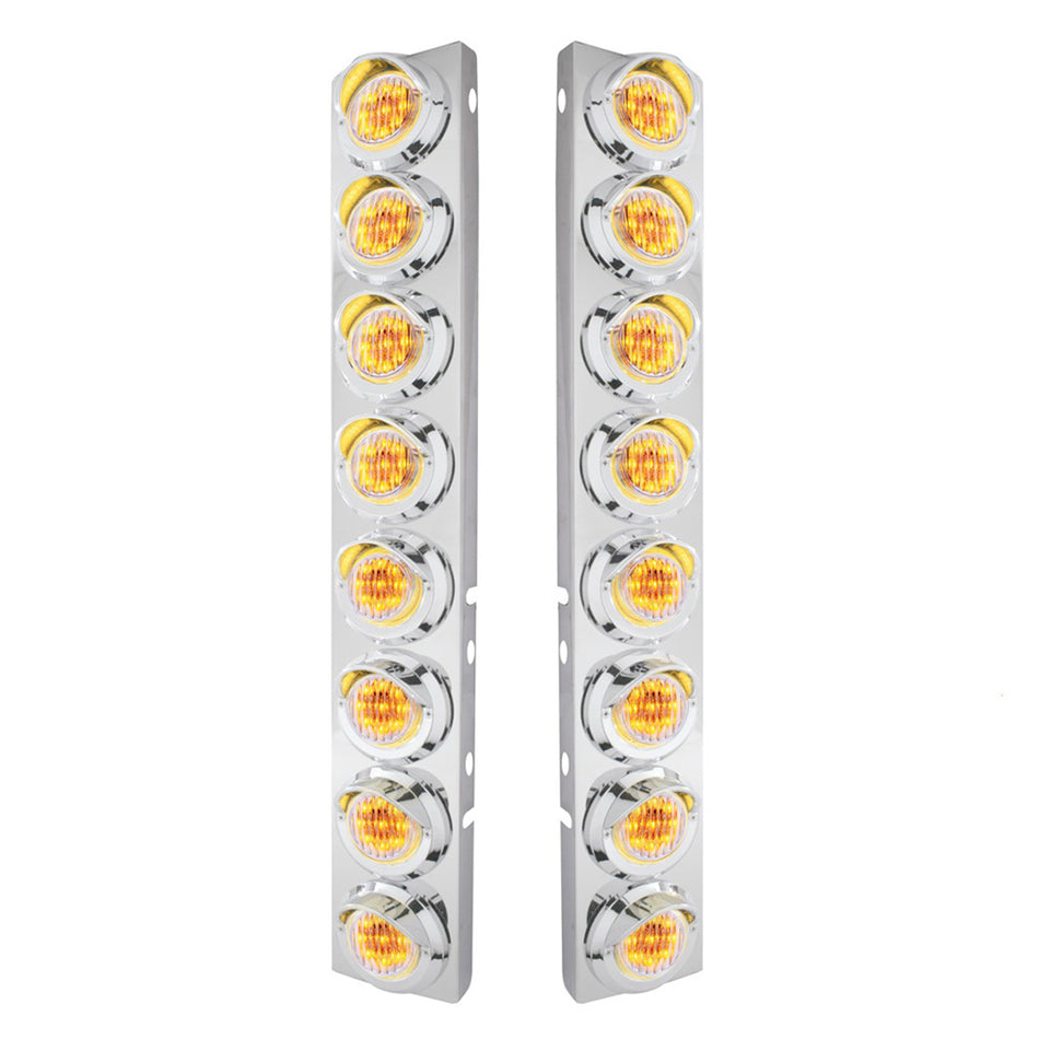 Stainless Steel Front Air Cleaner Bracket With 16 X 9 LED 2" Lights & Visors For Peterbilt (Amber or Clear Lens)