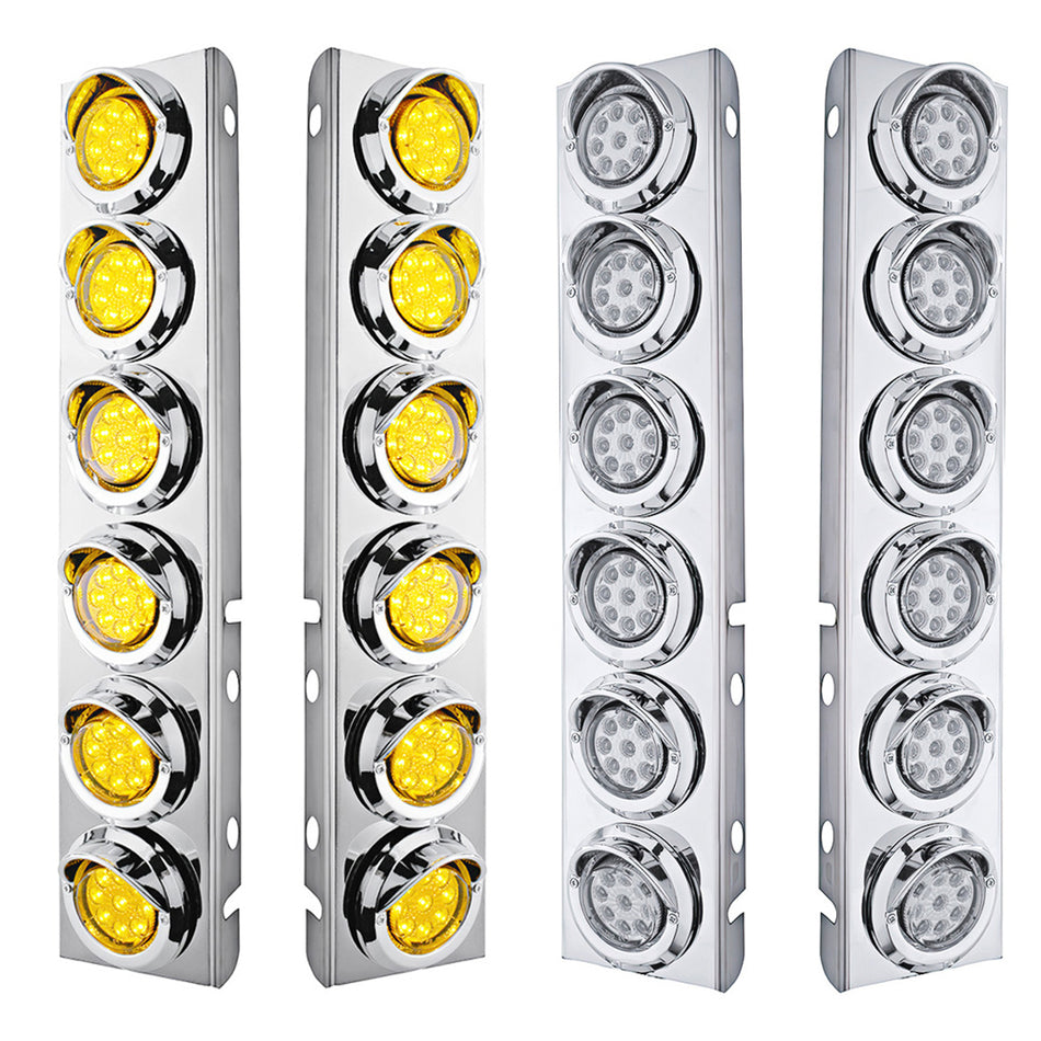 Stainless Steel Front Air Cleaner Bracket With 12 X 9 LED 2" Reflector Lights & Visors For Peterbilt - Amber LEDs (Amber or Clear Lens)