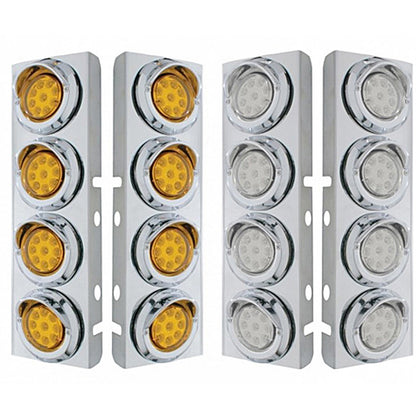 Stainless Steel Front Air Cleaner Bracket With 8 X 9 LED 2" Reflector Lights & Visors For Peterbilt - Amber LEDS (Amber or Clear Lens)