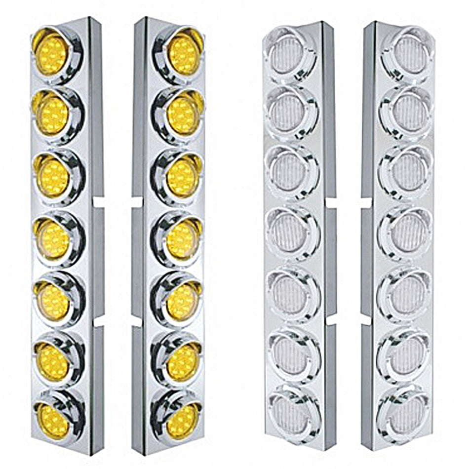 Stainless Steel Front Air Cleaner Bracket With 14 X 9 Amber LED 2" Lights & Visors Bezel For Kenworth - Amber LEDs (Amber or Clear Lens)