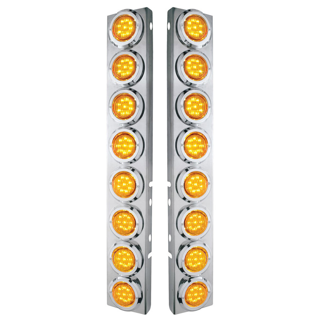 Stainless Steel Front Air Cleaner Bracket With 16 X 9 LED 2" Lights & Bezels For Peterbilt - Amber LEDs (Amber or Clear Lens)