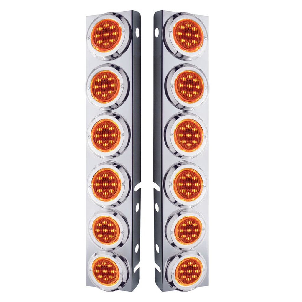 Stainless Steel Front Air Cleaner Bracket With 12 X 9 LED 2" Lights & Bezels For Peterbilt - Amber LEDs (Amber or Clear Lens)