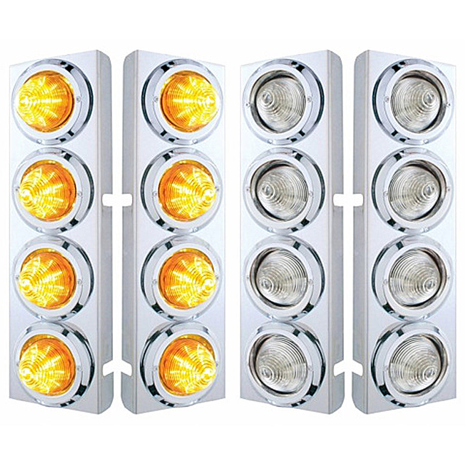 Stainless Steel Front Air Cleaner Bracket With 8 X 9 LED 2" Beehive Lights & Bezels For Peterbilt - Amber LEDs (Amber or Clear Lens)