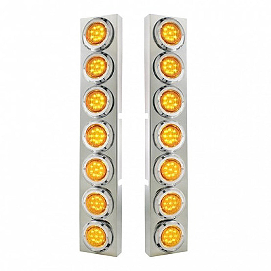 Stainless Steel Front Air Cleaner Bracket With 14 X 9 LED 2" Lights & Bezel For Kenworth - Amber LEDS (Amber or Clear Lens)