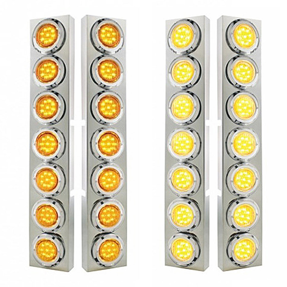 Stainless Steel Front Air Cleaner Bracket With 14 X 9 LED 2" Lights & Bezel For Kenworth - Amber LEDS (Amber or Clear Lens)