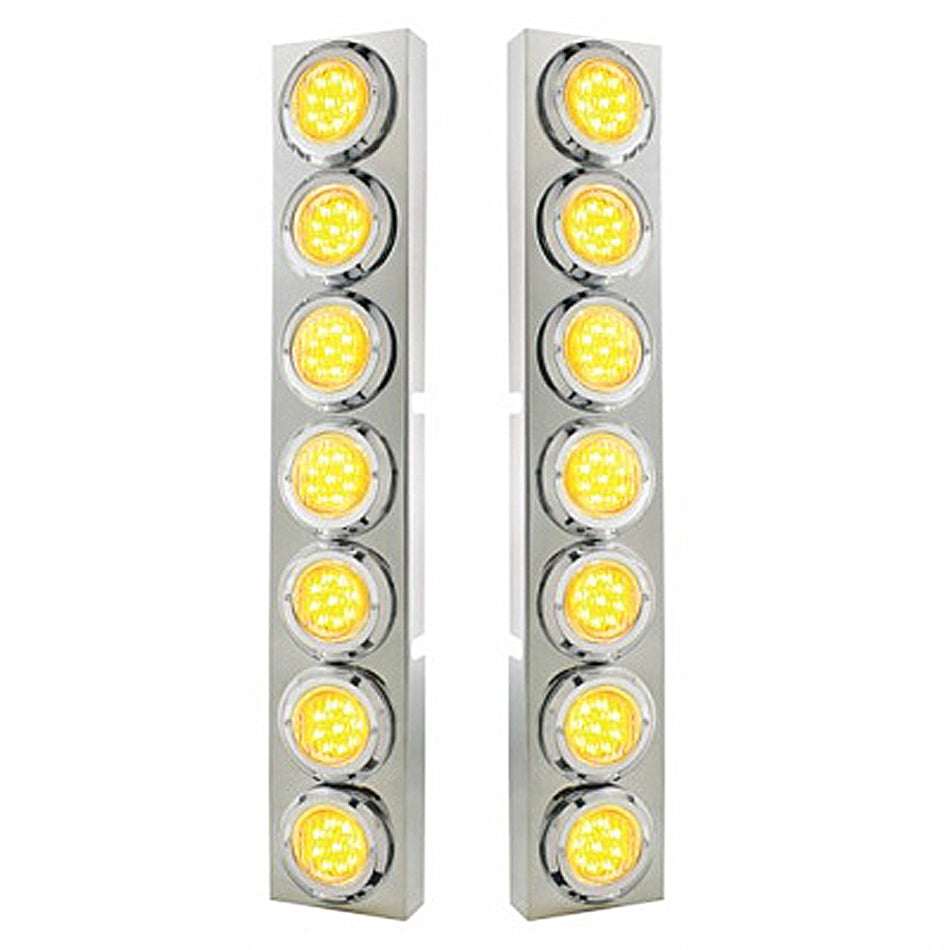 Stainless Steel Front Air Cleaner Bracket With 14 X 9 LED 2" Lights & Bezel For Kenworth - Amber LEDS (Amber or Clear Lens)