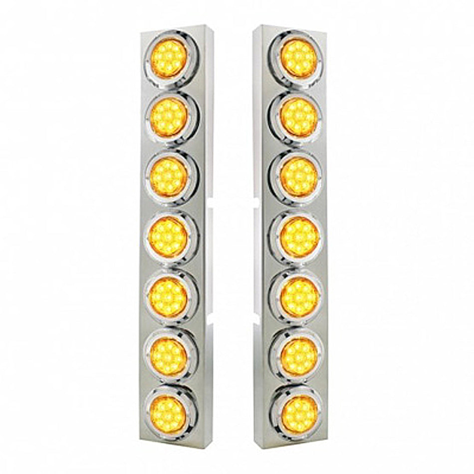 Stainless Steel Front Air Cleaner Bracket With 14 X 9 Amber LED 2" Reflector Lights & Bezel For Kenworth - Amber LEDs (Amber or Clear Lens)