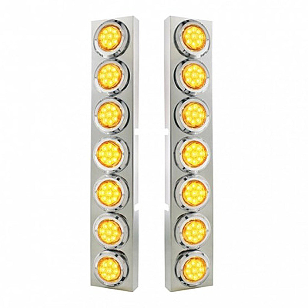 Stainless Steel Front Air Cleaner Bracket With 14 X 9 Amber LED 2" Reflector Lights & Bezel For Kenworth - Amber LEDs (Amber or Clear Lens)