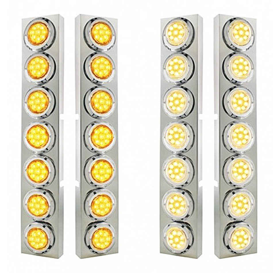 Stainless Steel Front Air Cleaner Bracket With 14 X 9 Amber LED 2" Reflector Lights & Bezel For Kenworth - Amber LEDs (Amber or Clear Lens)
