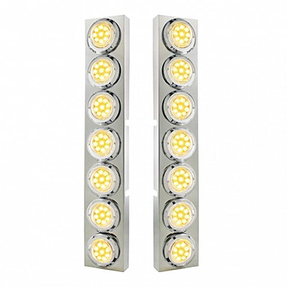 Stainless Steel Front Air Cleaner Bracket With 14 X 9 Amber LED 2" Reflector Lights & Bezel For Kenworth - Amber LEDs (Amber or Clear Lens)