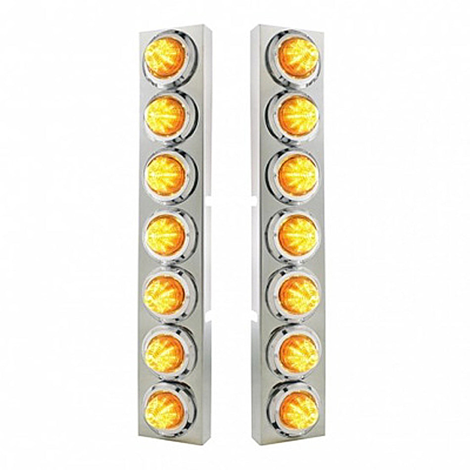 Stainless Steel Front Air Cleaner Bracket With 14 X 9 Amber LED 2" Beehive Lights & Bezels For Kenworth - Amber LEDs (Amber or Clear Lens)