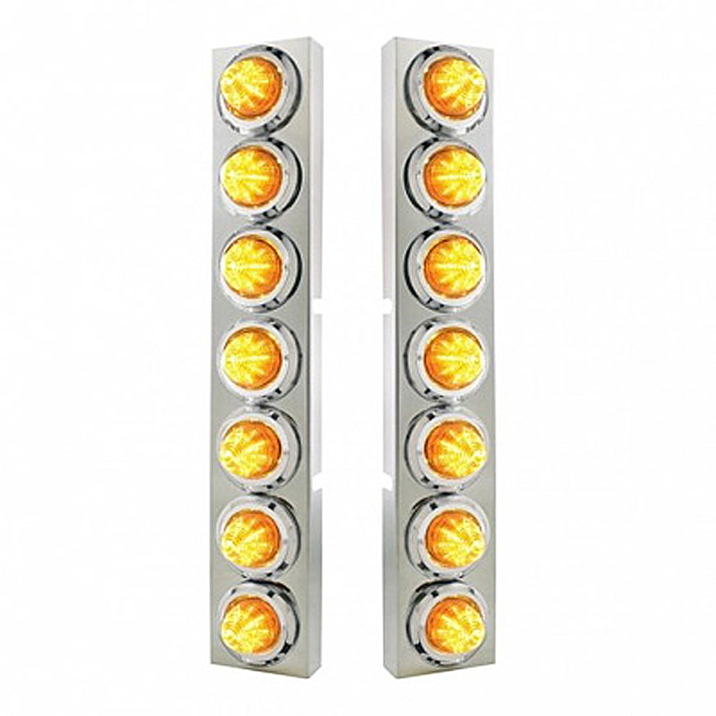 Stainless Steel Front Air Cleaner Bracket With 14 X 9 Amber LED 2" Beehive Lights & Bezels For Kenworth - Amber LEDs (Amber or Clear Lens)