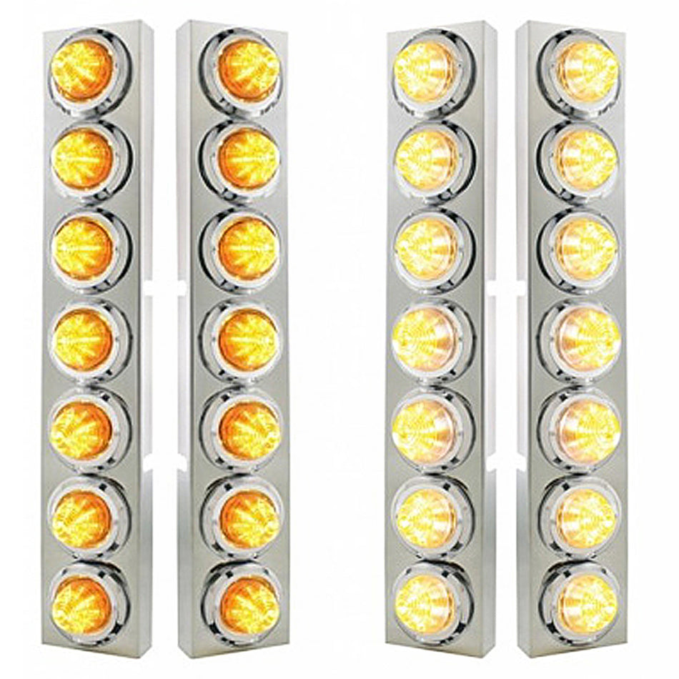 Stainless Steel Front Air Cleaner Bracket With 14 X 9 Amber LED 2" Beehive Lights & Bezels For Kenworth - Amber LEDs (Amber or Clear Lens)